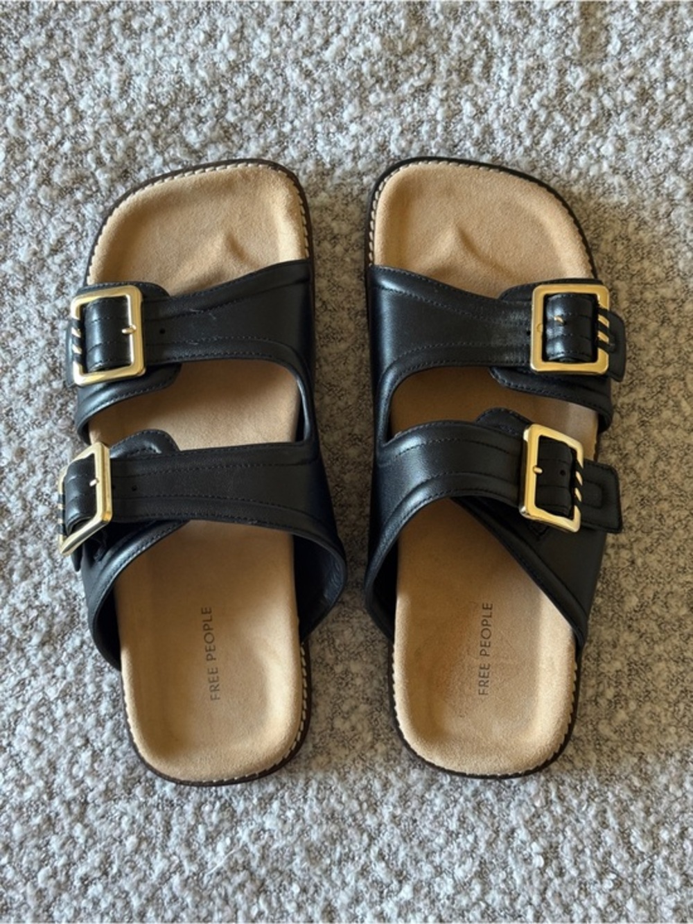 Free People Double Buckle Slide Sandals | Size 8.5 | Black + Gold